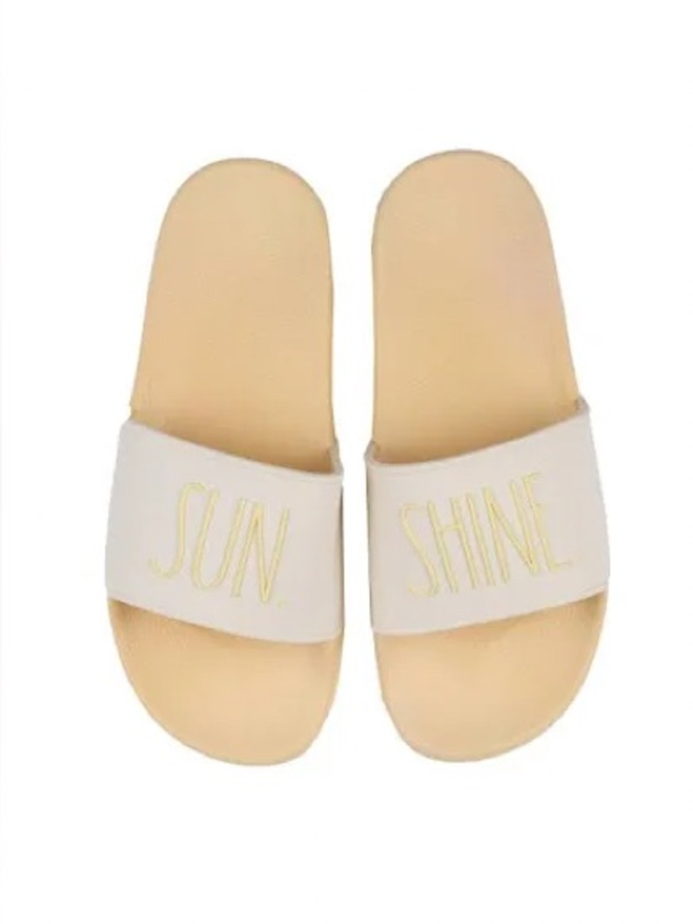 Rae Dunn Pale Yellow Slide Sandals with Gold Lettering
